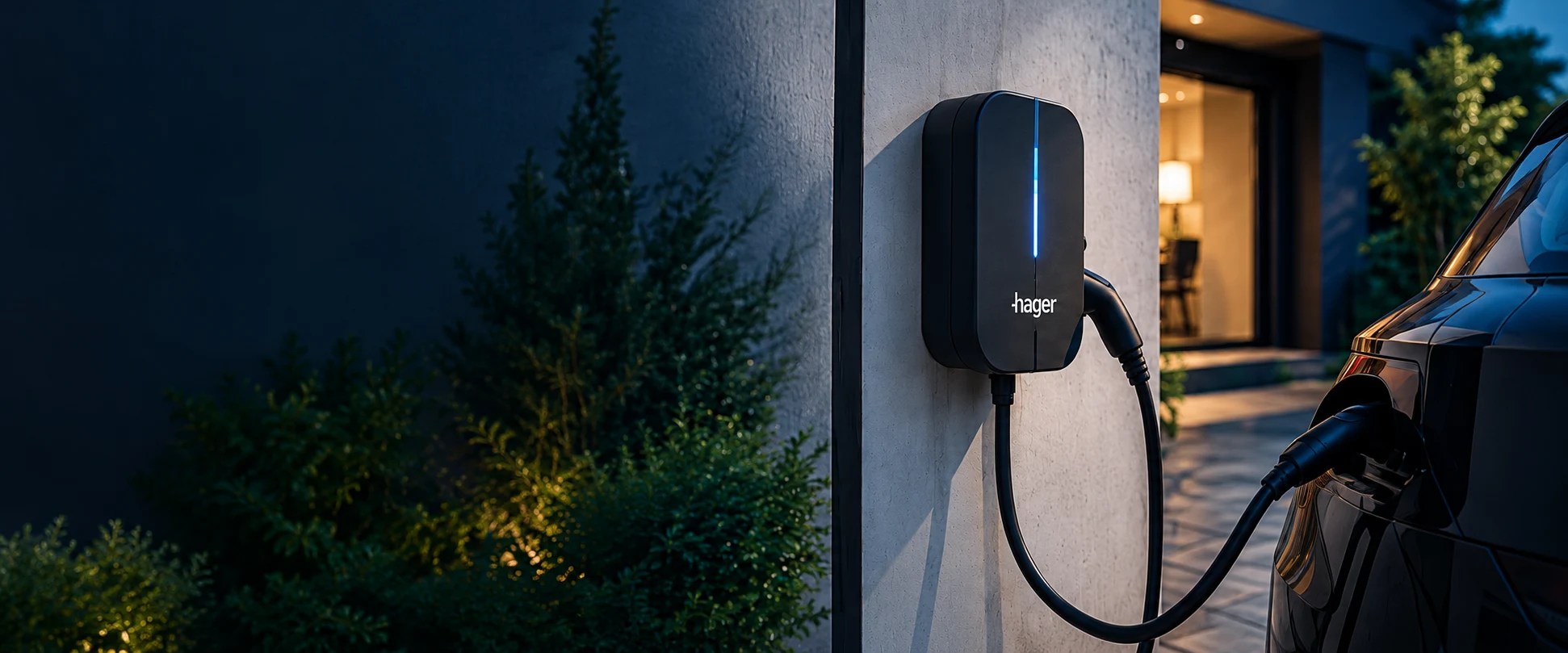 Illustration d’une borne de recharge noire reliée à un véhicule électrique devant une maison