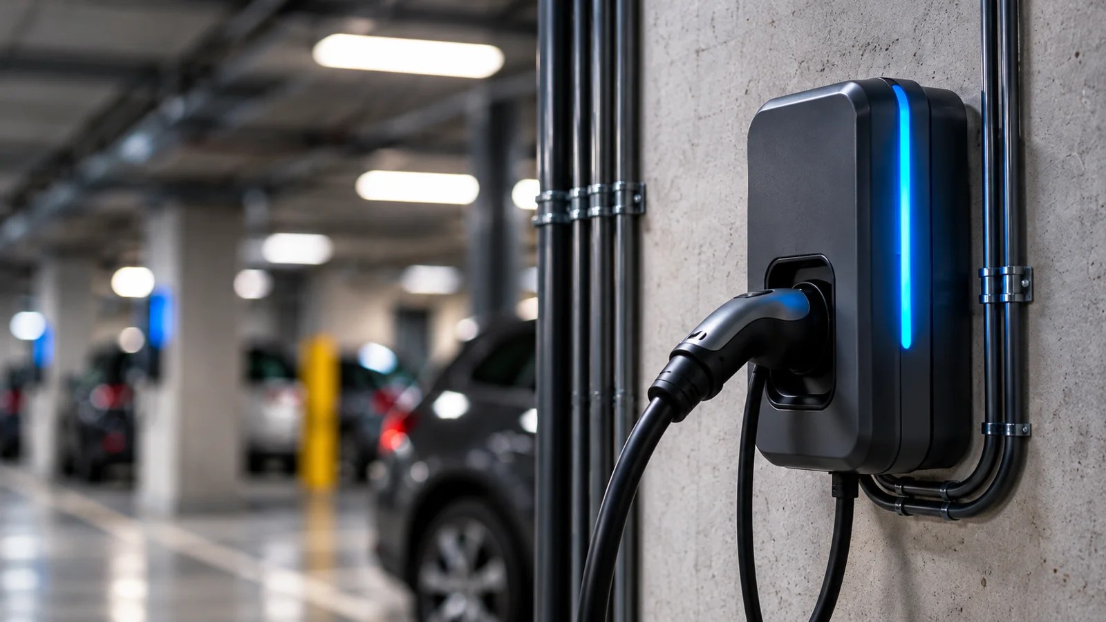 Visuel illustratif : borne de recharge installée dans un parking de résidence
