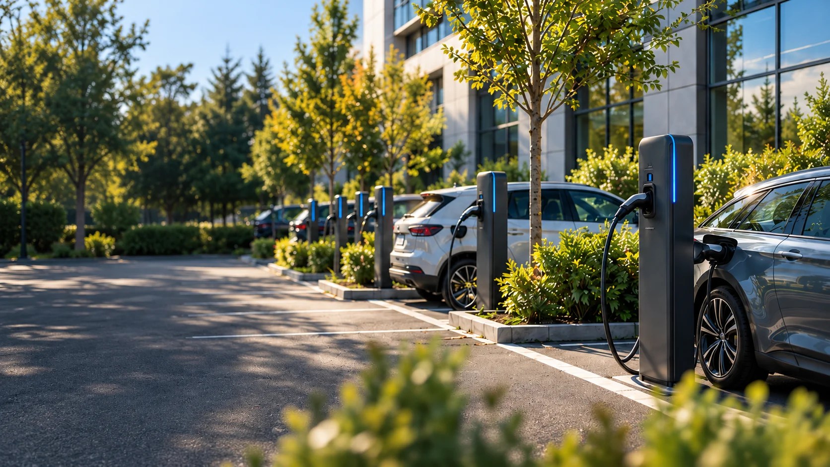 Illustration d’un parking d’entreprise équipé de bornes de recharge pour véhicules électriques